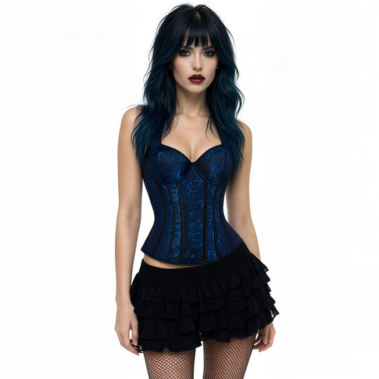 Dark blue lace corset with structured boning and fitted waist design.