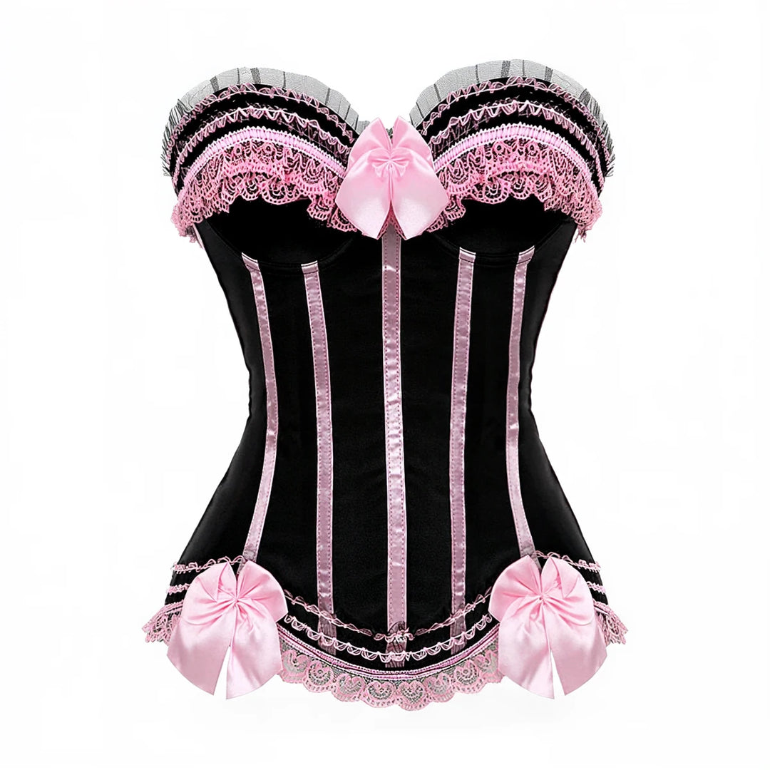 Bewitched Burlesque Corset: black velvet with pink satin trim and lace accents.
