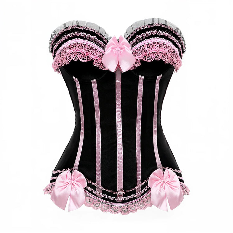 Bewitched Burlesque Corset: black velvet with pink satin trim and lace accents.