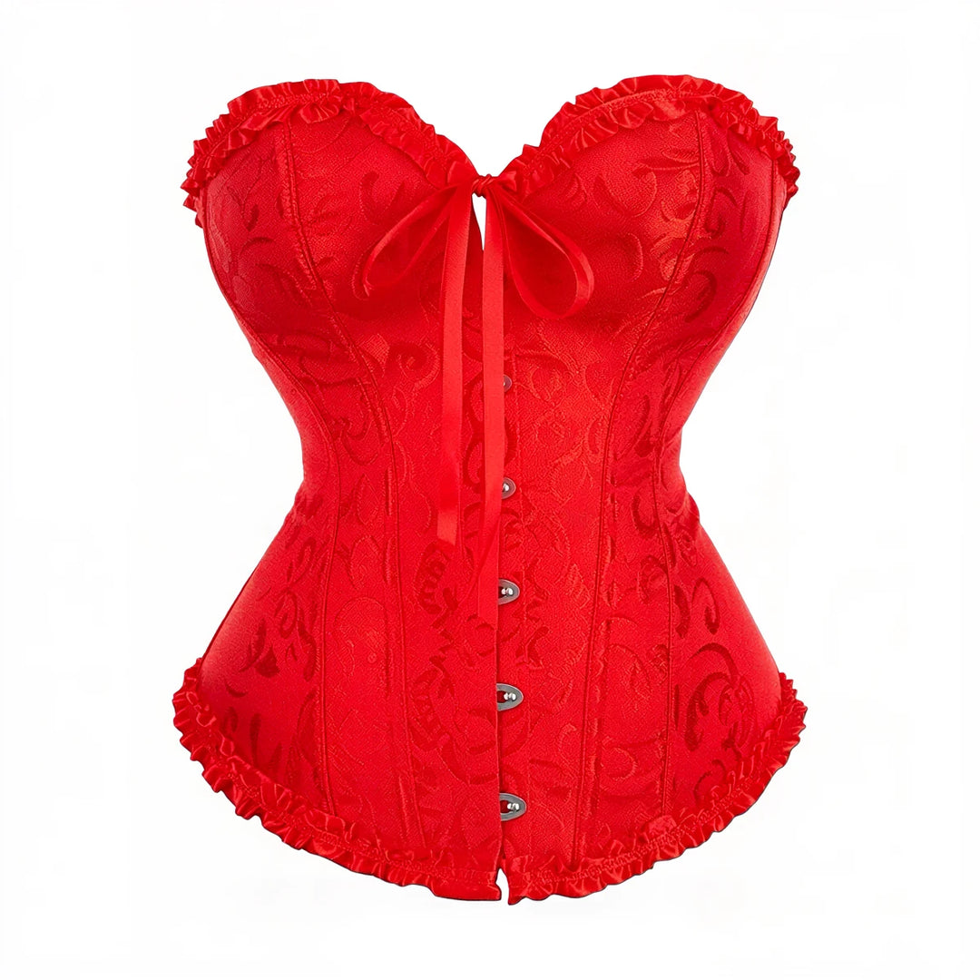 Red lace corset with ruffled trim and front button closure.