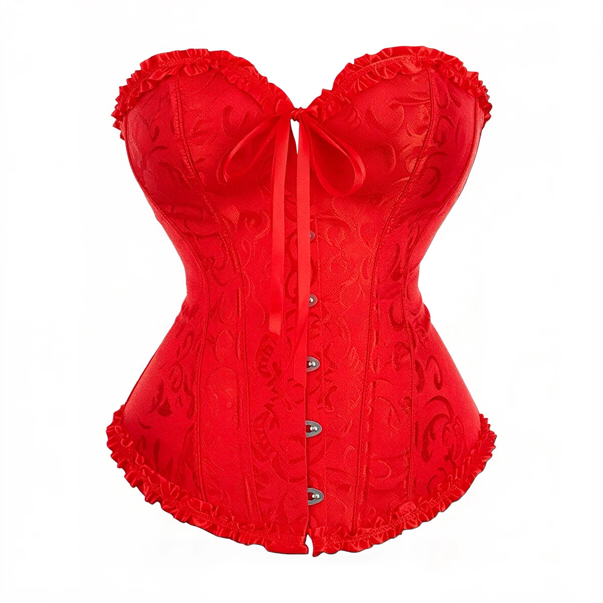 Red lace corset with ruffled trim and front button closure.