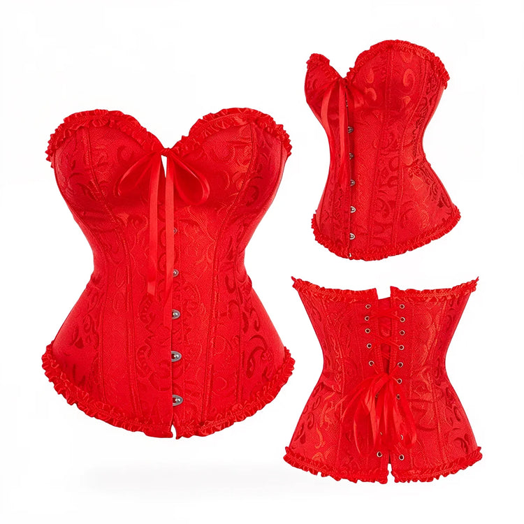Red lace corset with ruffled trim and front bow closure.