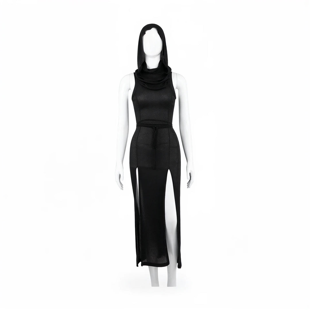 Black hooded dress with side slit, made of sheer mesh fabric.