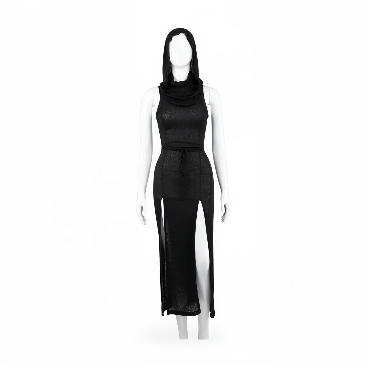 Black hooded dress with side slit, made of sheer mesh fabric.