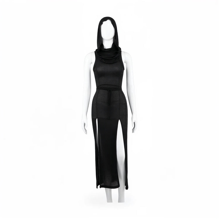 Black hooded dress with side slit, made of sheer mesh fabric.