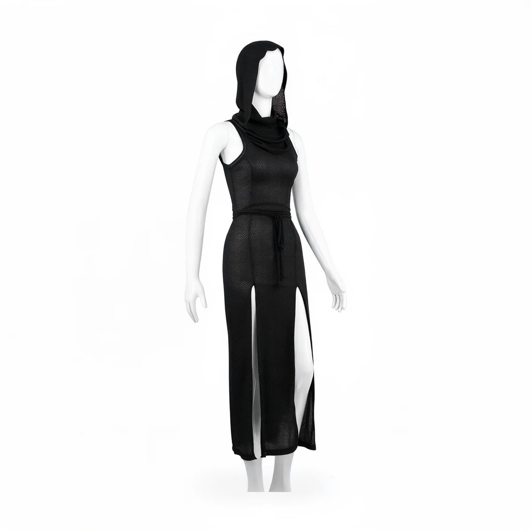 Black hooded dress with side slit, made of sheer textured fabric.
