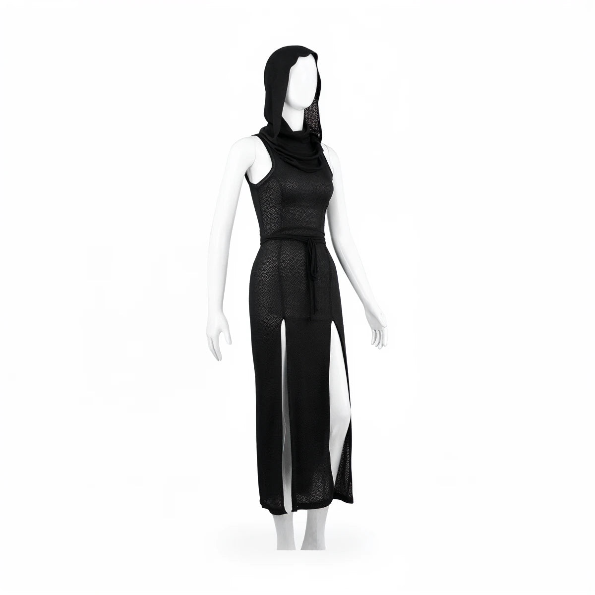 Black hooded dress with side slit, made of sheer textured fabric.