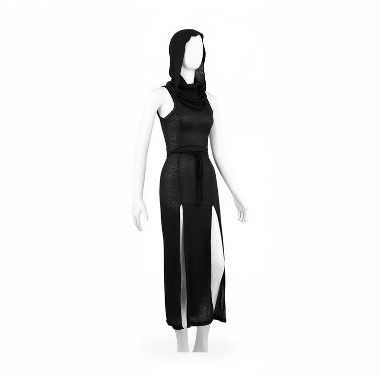 Black hooded dress with side slit, made of sheer textured fabric.