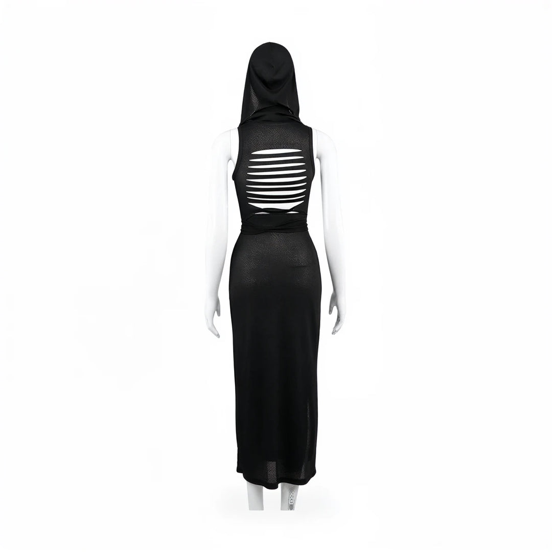 Black hooded dress with back slits, made of sheer mesh fabric.
