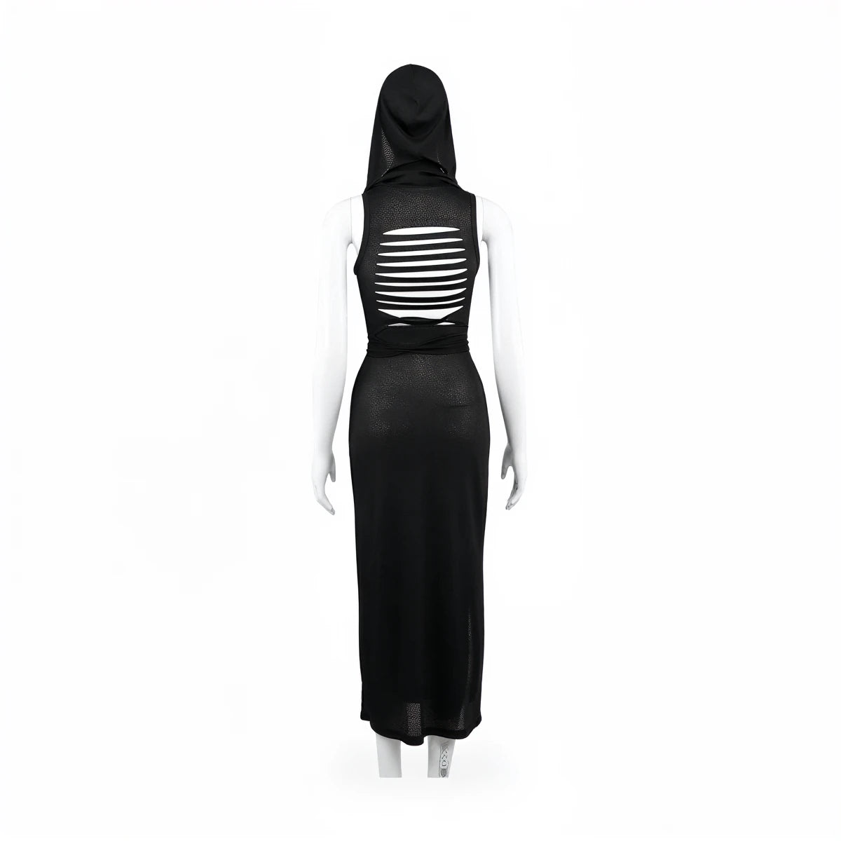 Black hooded dress with back slits, made of sheer mesh fabric.
