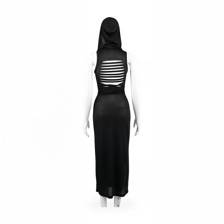 Black hooded dress with back slits, made of sheer mesh fabric.