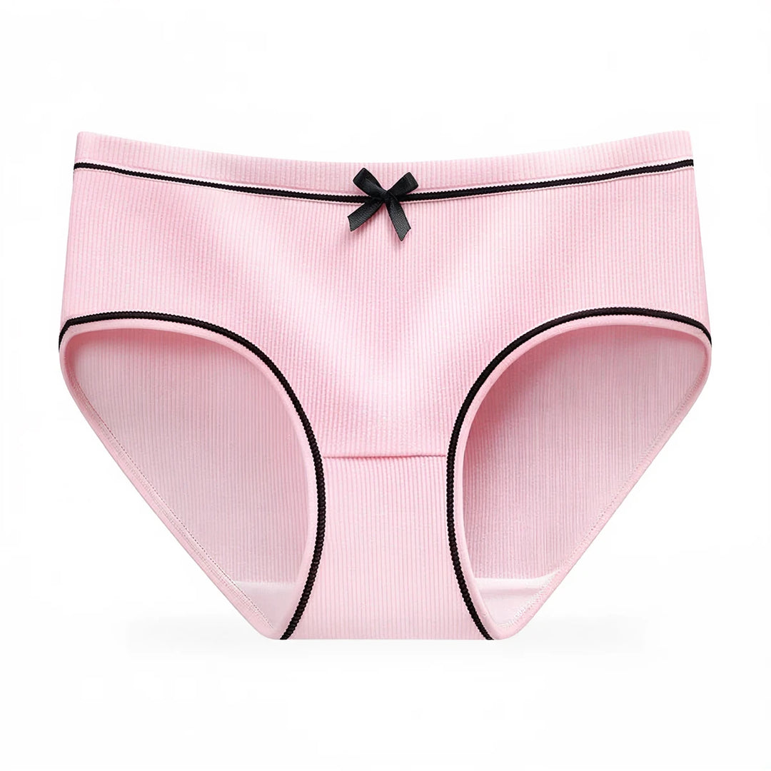 Mid-rise panties in pink ribbed fabric with black trim and bow detail.