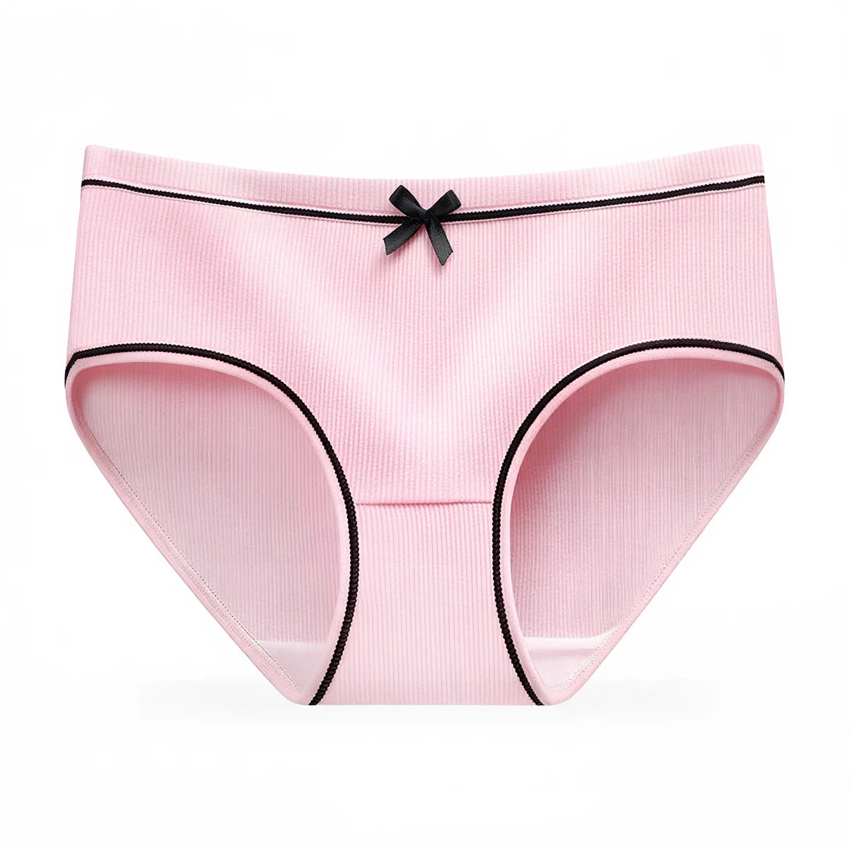 Mid-rise panties in pink ribbed fabric with black trim and bow detail.