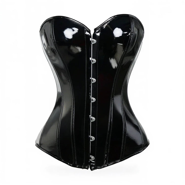 Black patent leather corset with silver buttons and structured waist shaping.
