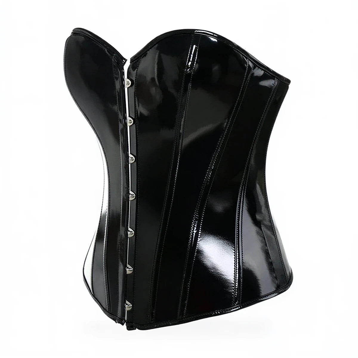Black patent leather corset with front lacing and structured panels.