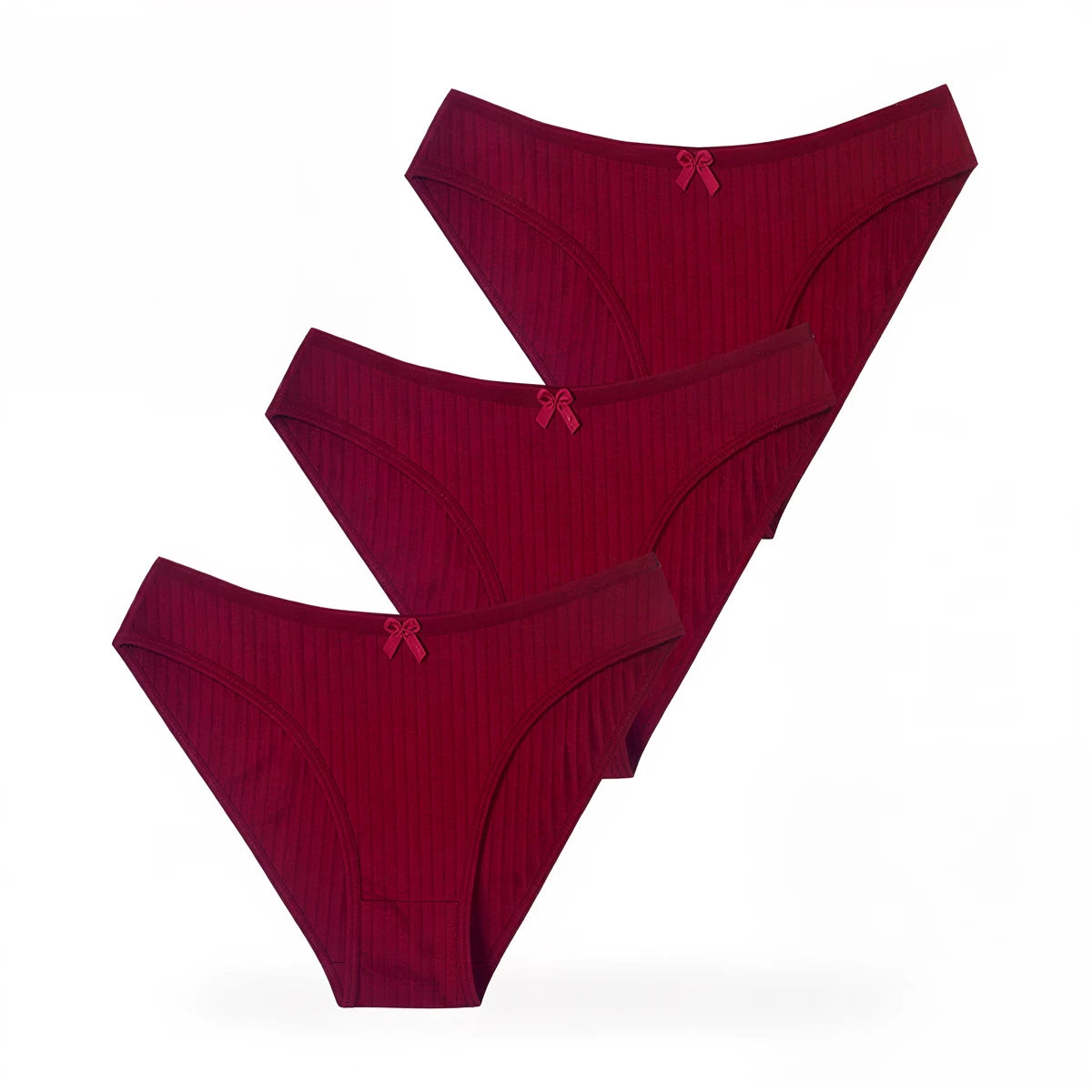 Three burgundy ribbed panties with small bow detail at waistband.