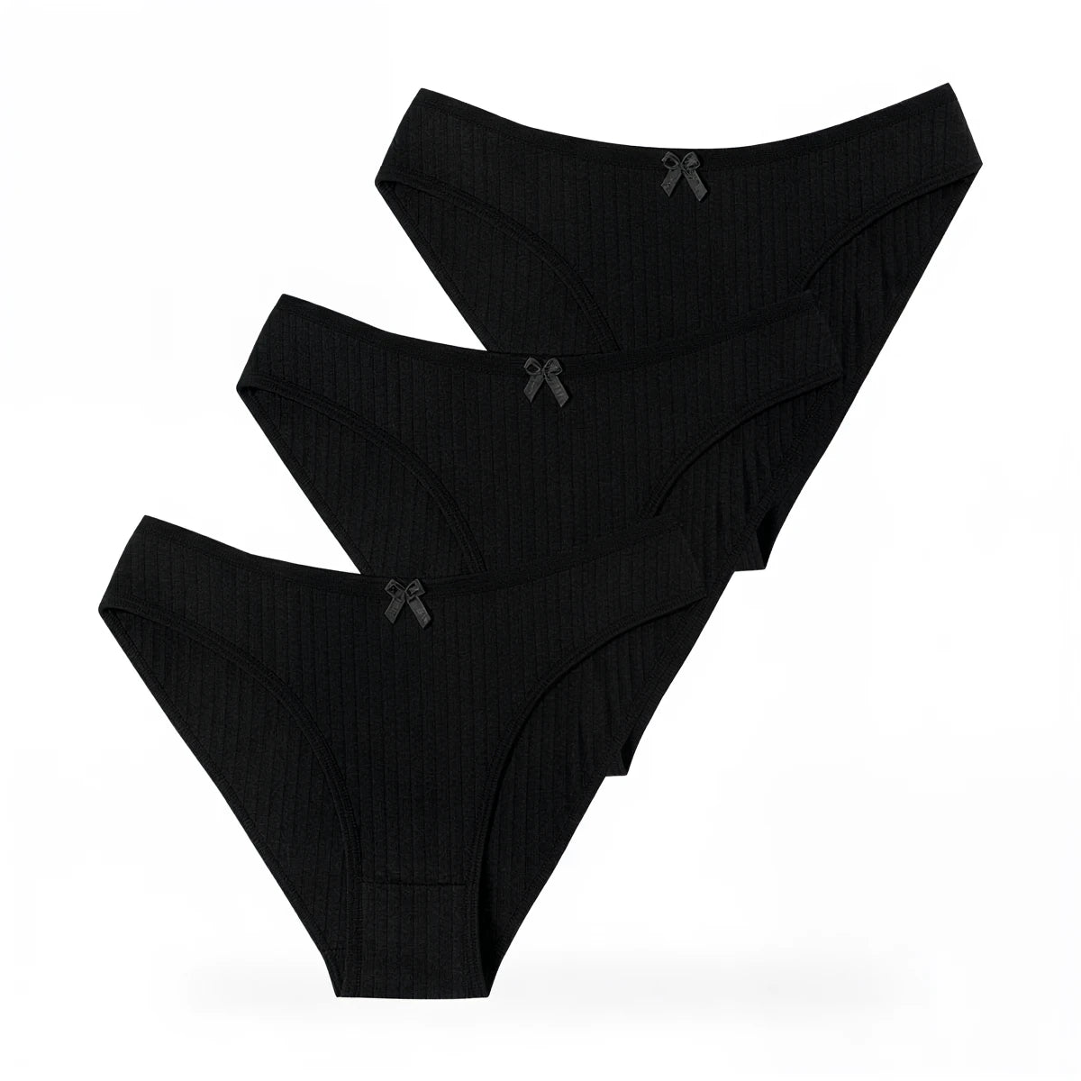 Black ribbed panties with small bow detail at waistband.