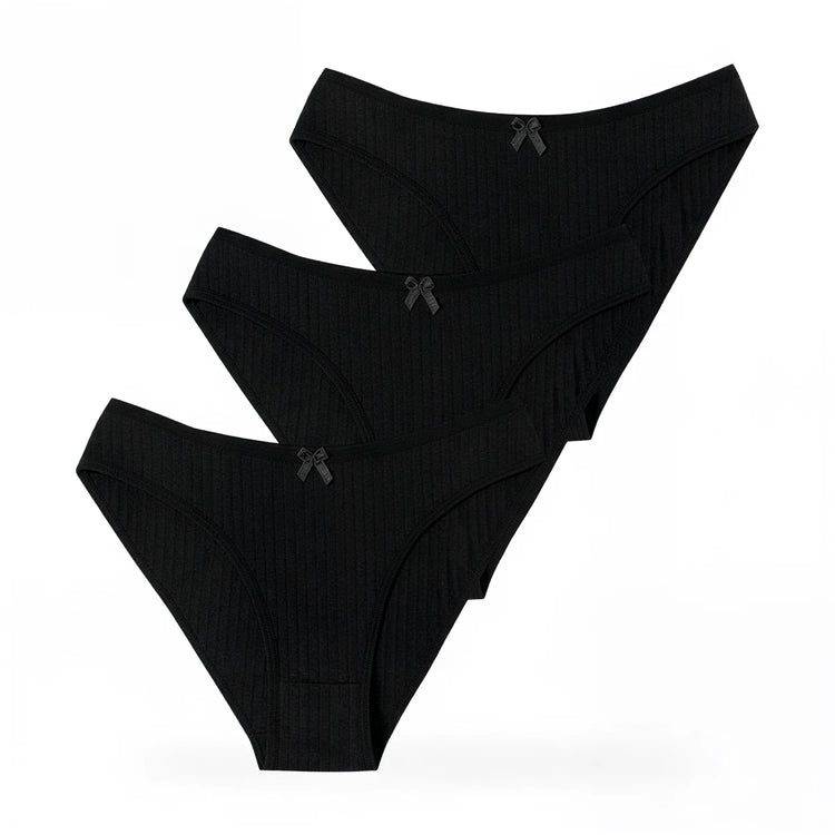 Black ribbed panties with small bow detail at waistband.
