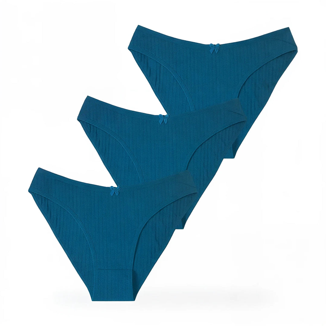 Blue ribbed cotton panties with small bow detail at waistband.