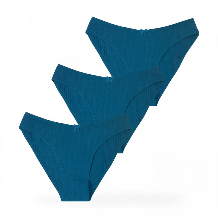 Blue ribbed cotton panties with small bow detail at waistband.
