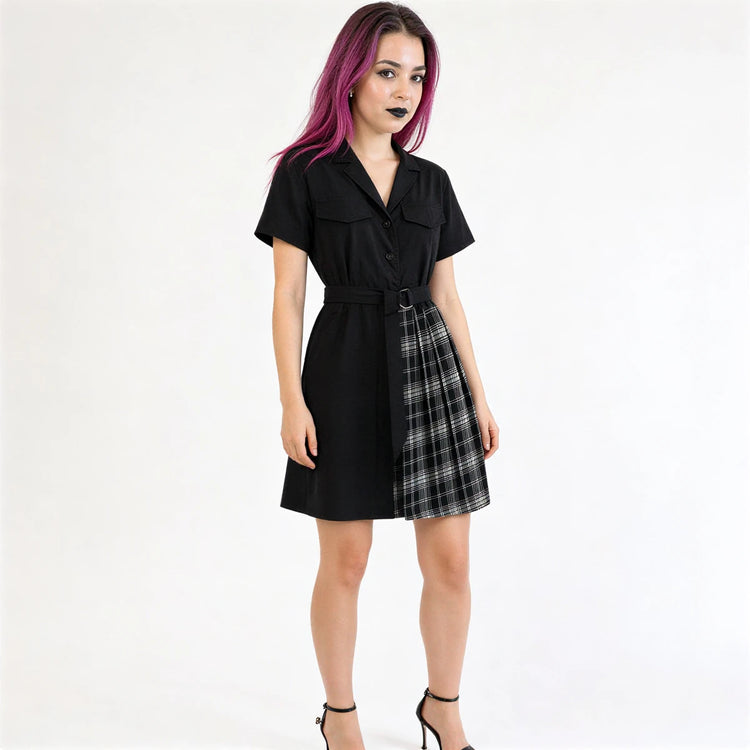 Black button-up dress with plaid skirt panel and belt.