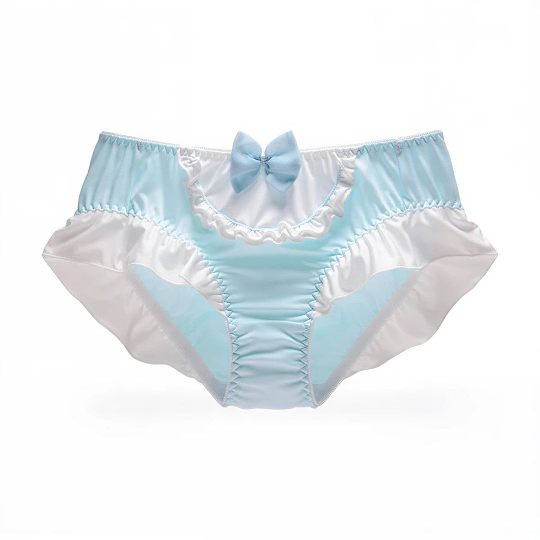 Boudoir Baddie Panties in light blue and white, featuring a bow and ruffled trim.