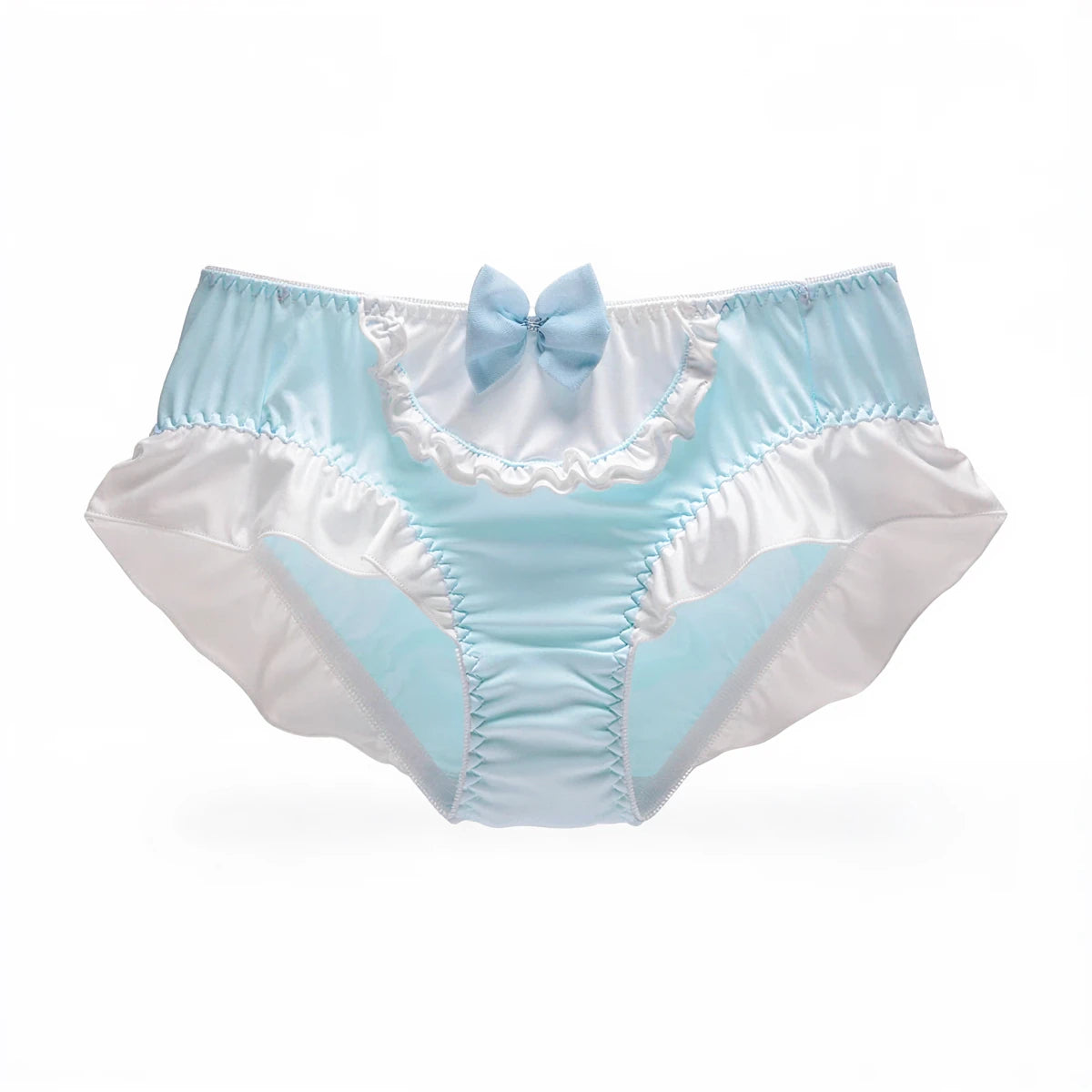 Boudoir Baddie Panties in light blue and white, featuring a bow and ruffled trim.