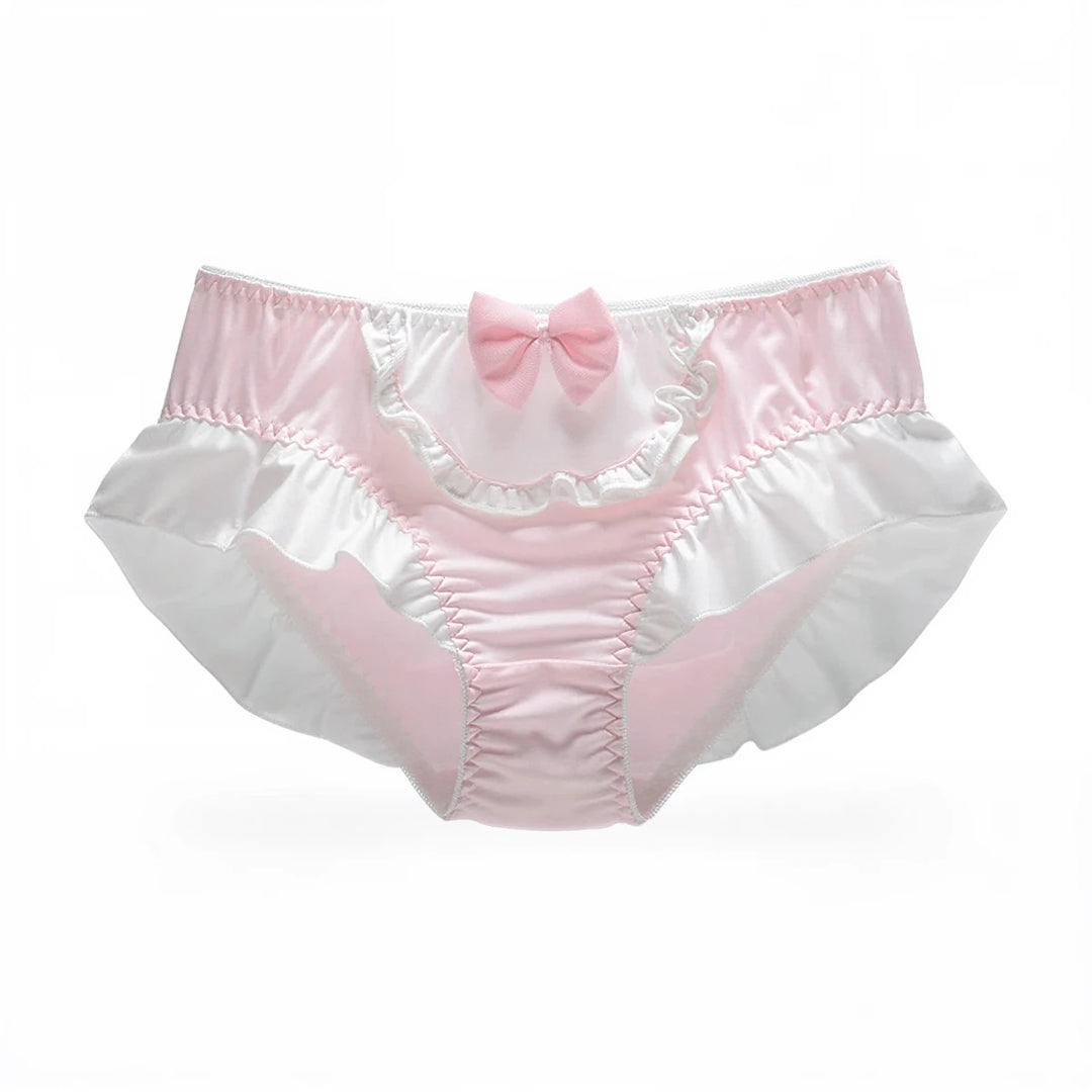 Boudoir Baddie Panties in pink and white with bow, ruffles, and elastic waistband.