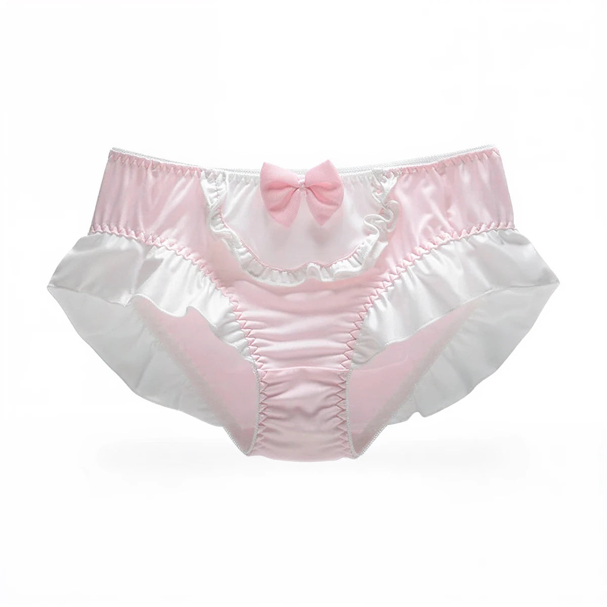 Boudoir Baddie Panties in pink and white with bow, ruffles, and elastic waistband.