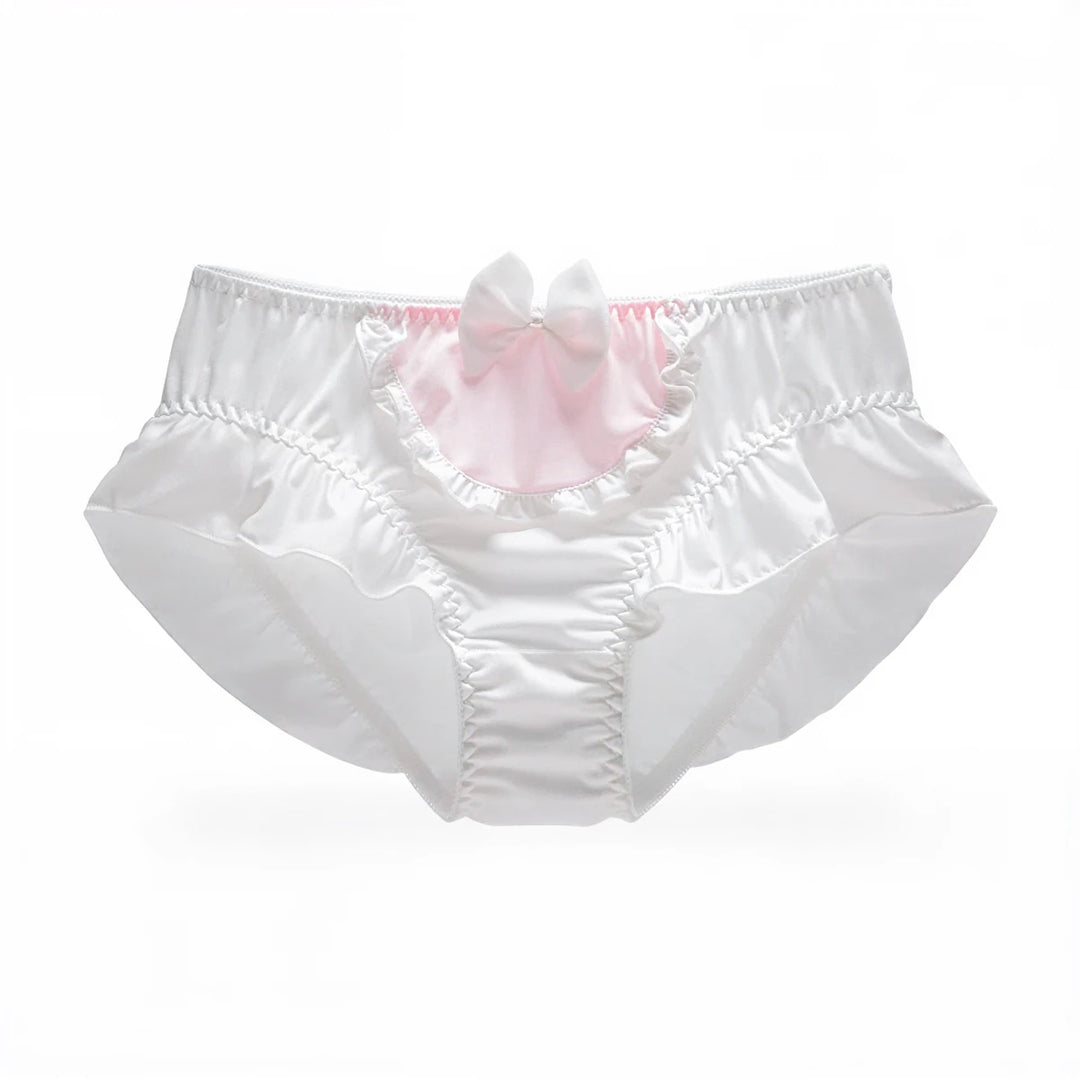 White boudoir panties with pink bow and ruffled trim.