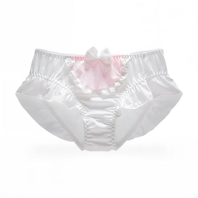 White boudoir panties with pink bow and ruffled trim.