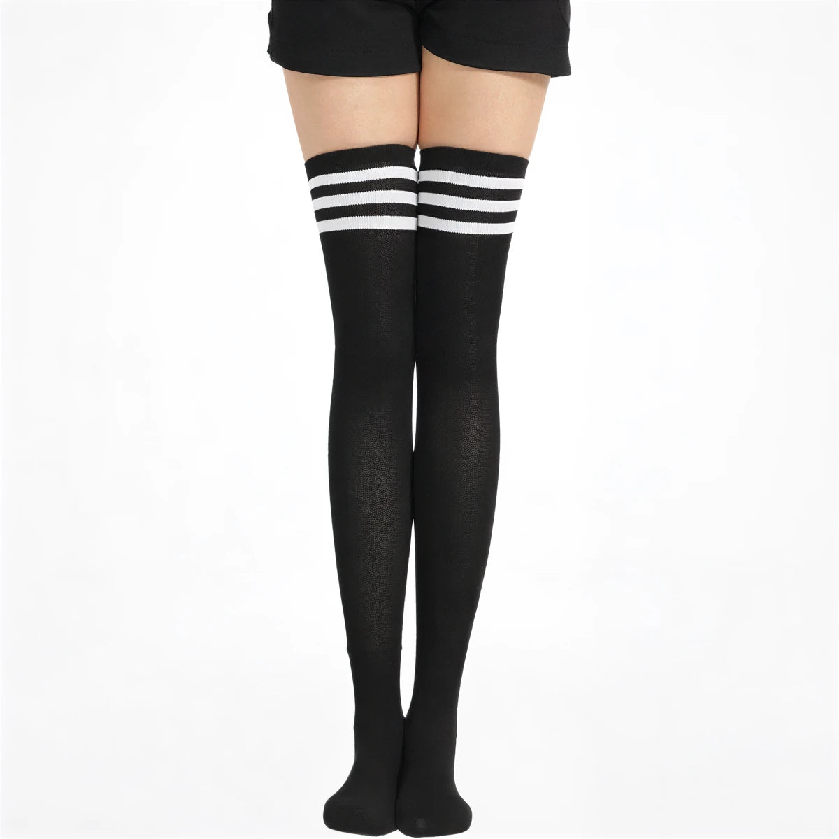 Black knee-high socks with white stripes, ribbed knit material.