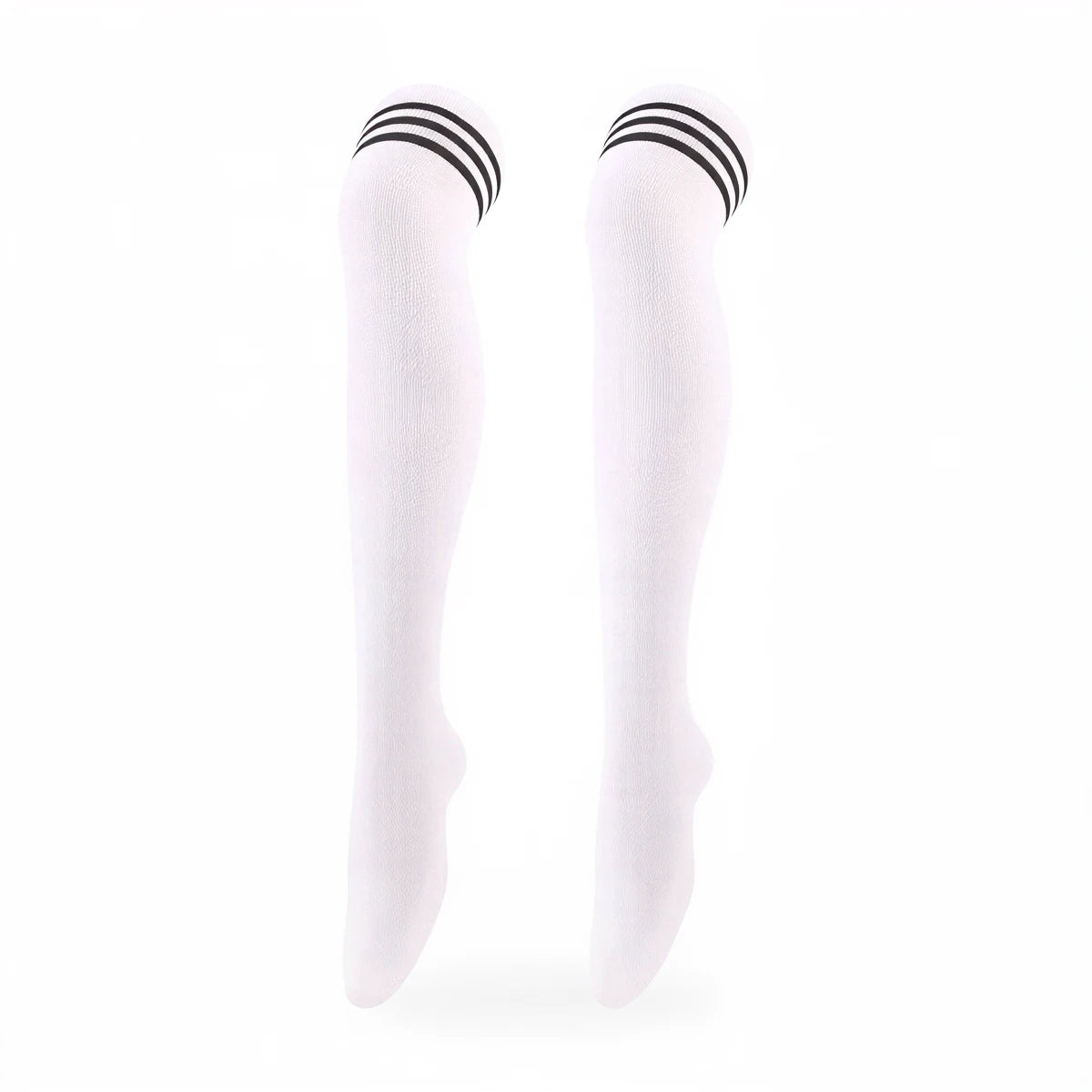 White knee-high socks with black stripes at top, textured knit material.