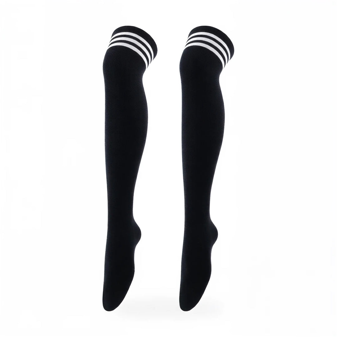 Black knee-high socks with white stripes at top.