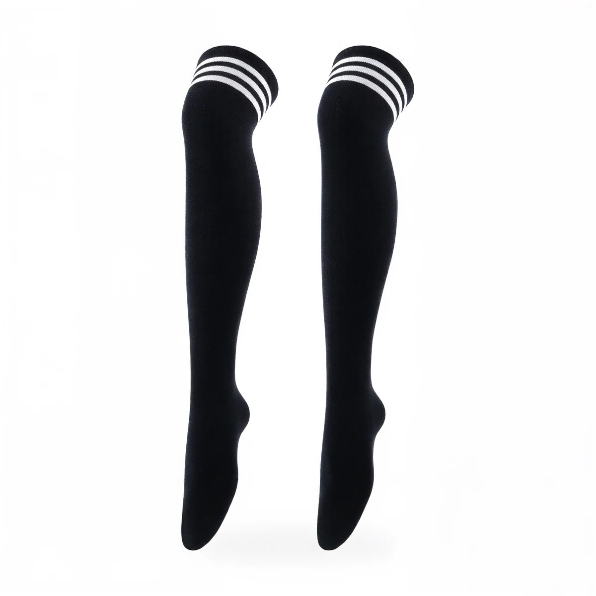 Black knee-high socks with white stripes at top.