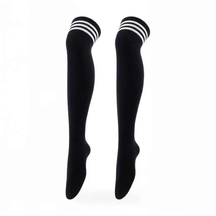 Black knee-high socks with white stripes at top.