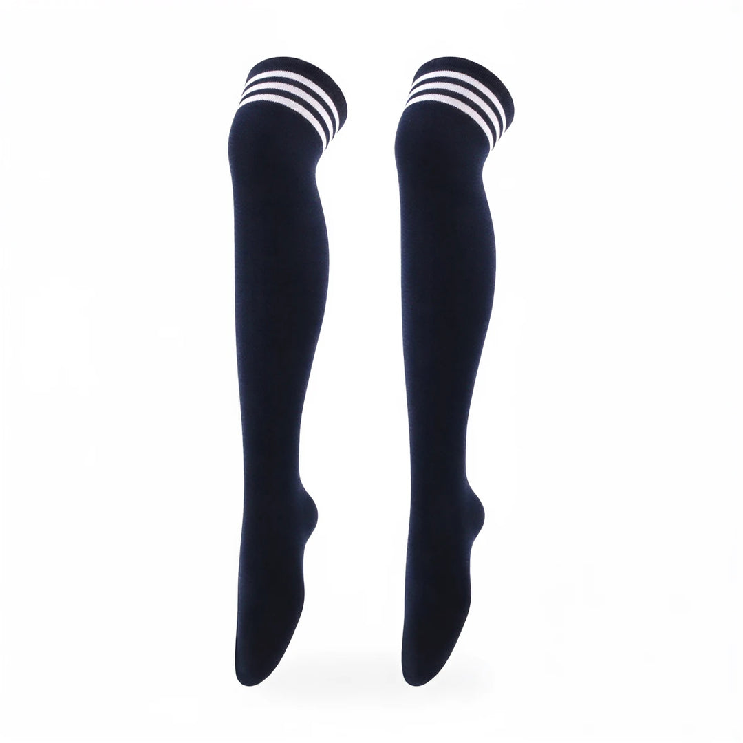 Black knee-high socks with white stripes at top, soft knit material.