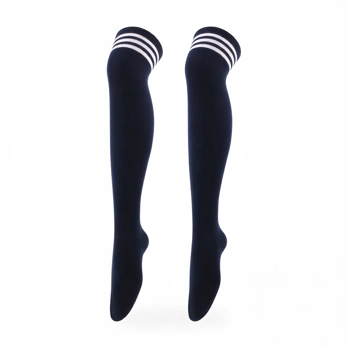 Black knee-high socks with white stripes at top, soft knit material.