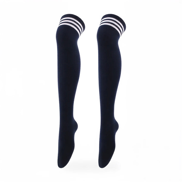 Black knee-high socks with white stripes at top, soft knit material.
