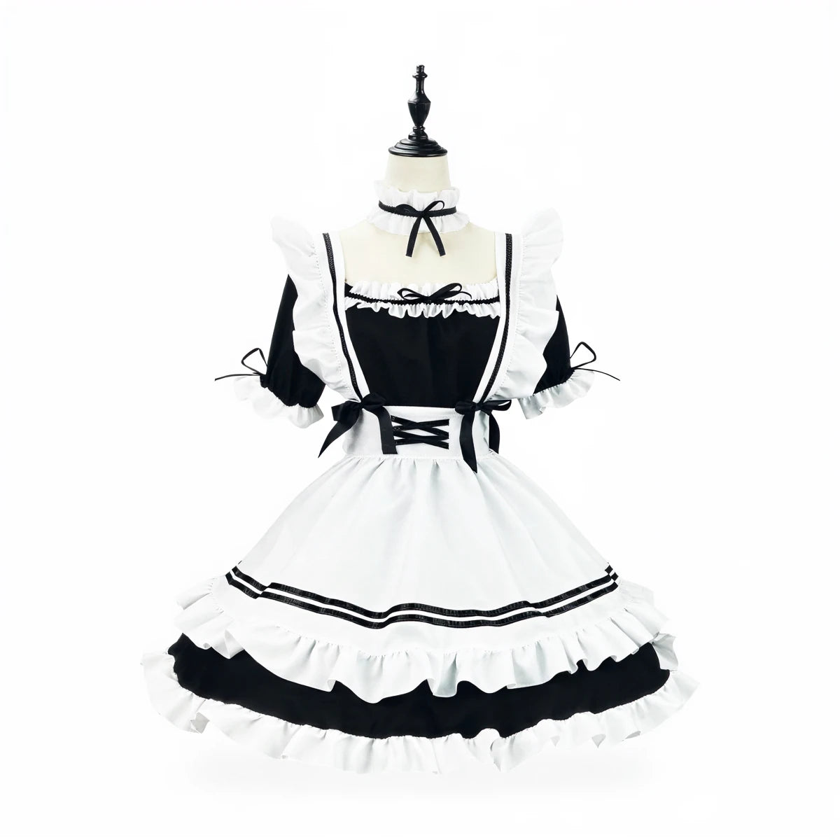 Japanese maid costume in black and white with ruffles and bows.
