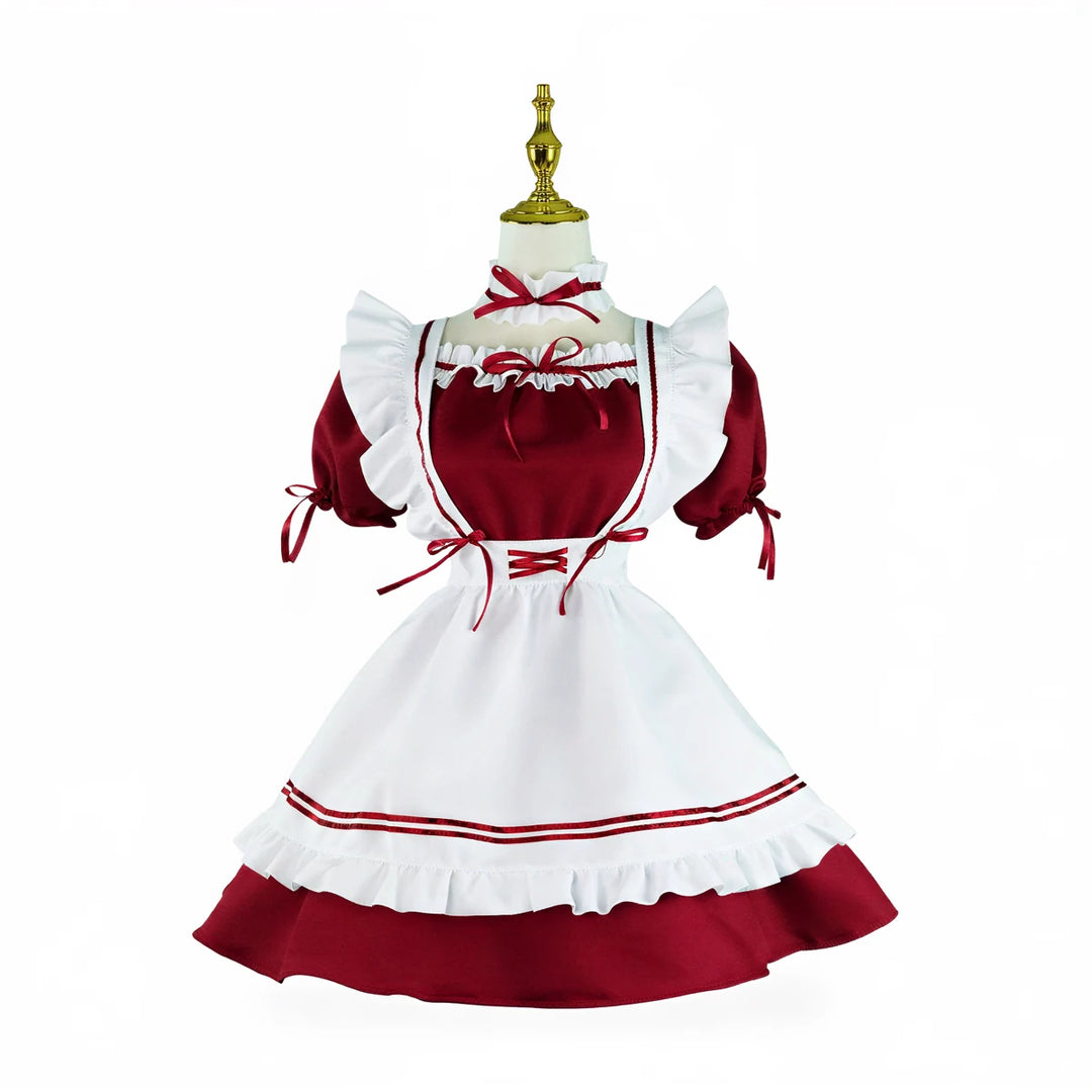 Japanese maid costume in red and white with ruffles and bows.