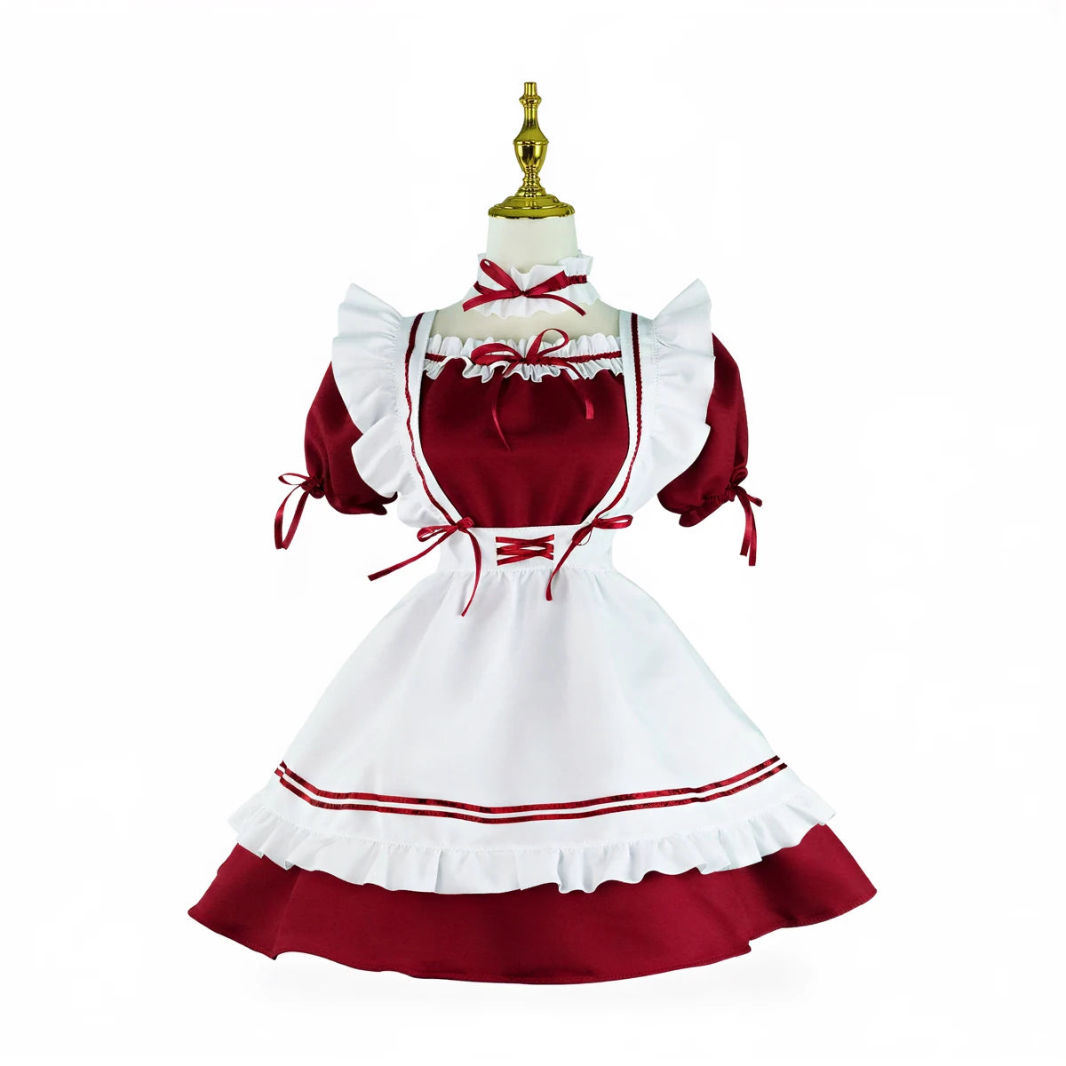 Japanese maid costume in red and white with ruffles and bows.