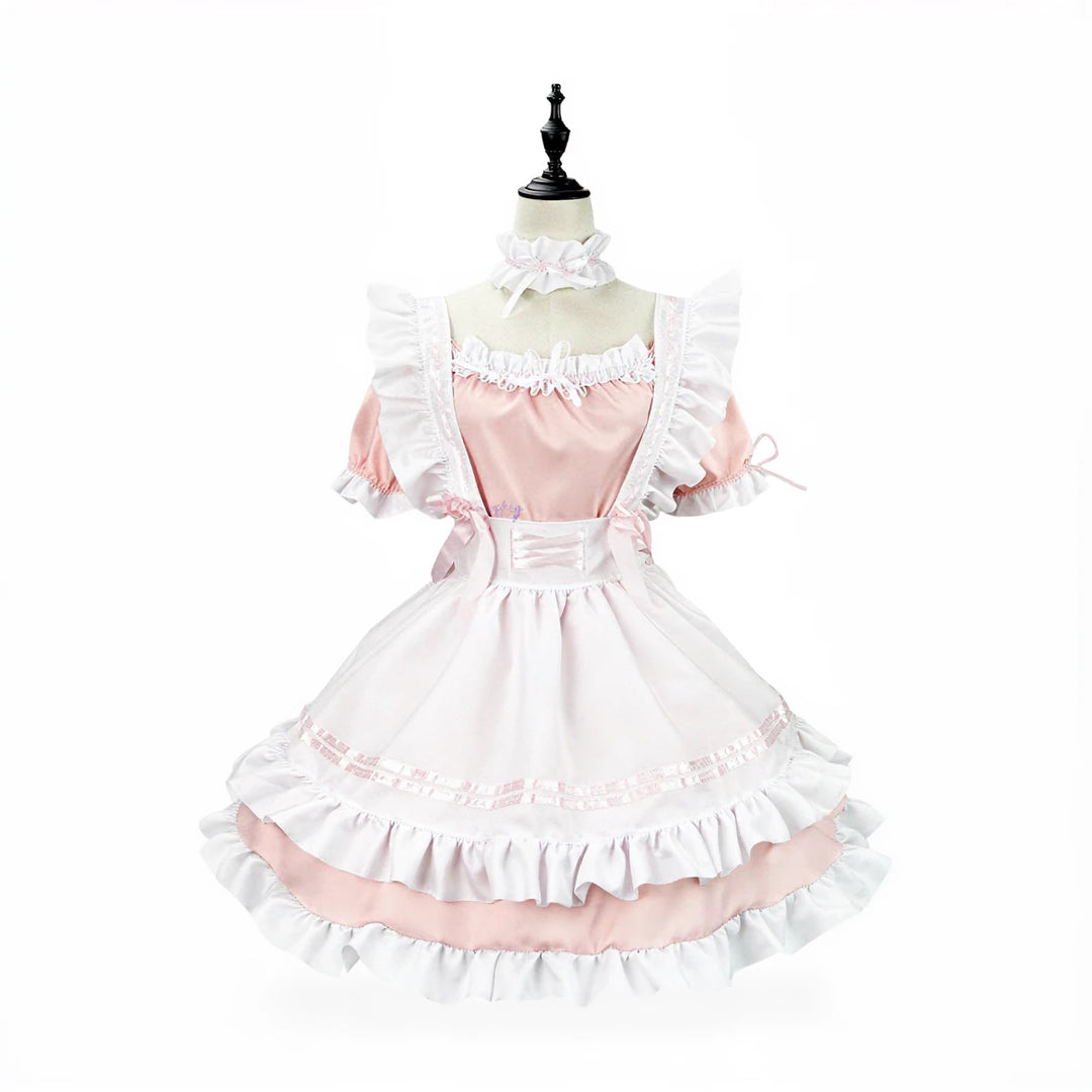 Japanese maid costume in pink and white, ruffled, satin-like fabric with lace trim.
