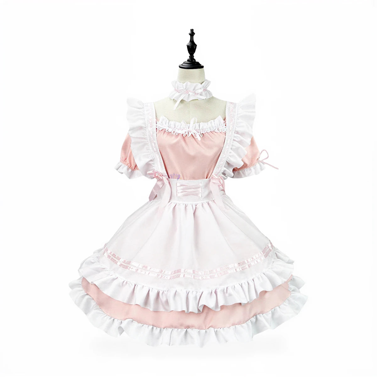 Japanese maid costume in pink and white, ruffled, satin-like fabric with lace trim.