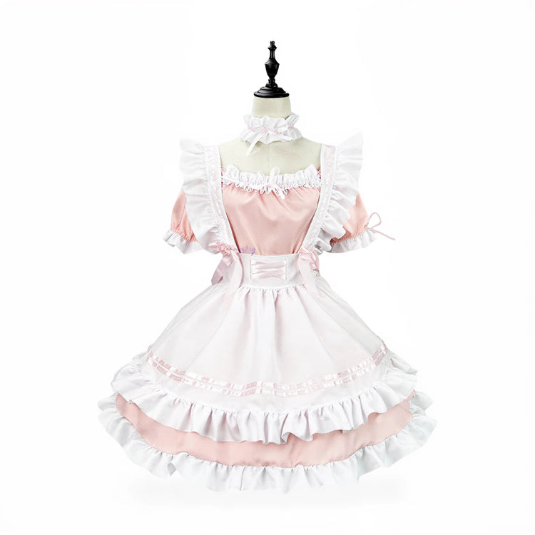Japanese maid costume in pink and white, ruffled, satin-like fabric with lace trim.