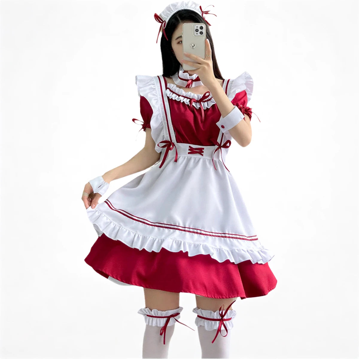 Japanese maid costume in red and white with ruffles and bows.