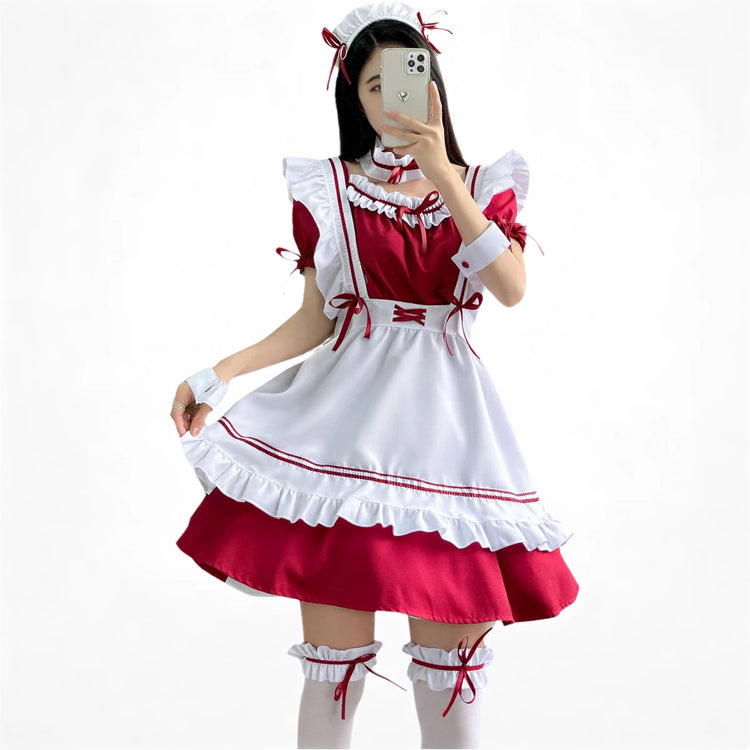 Japanese maid costume in red and white with ruffles and bows.