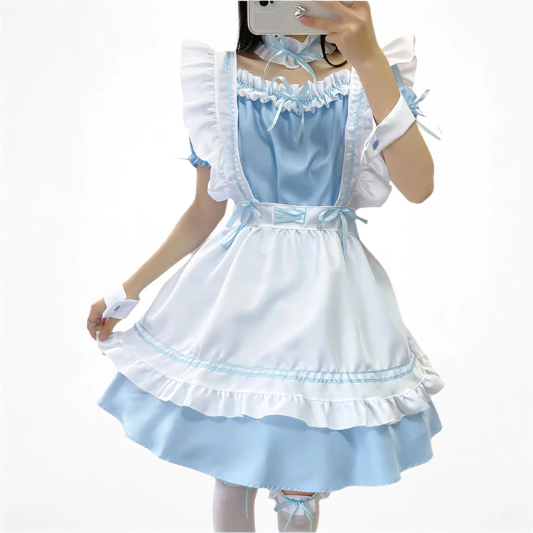 Cat Café Princess maid dress, light blue and white, ruffled, satin-like fabric with bows.