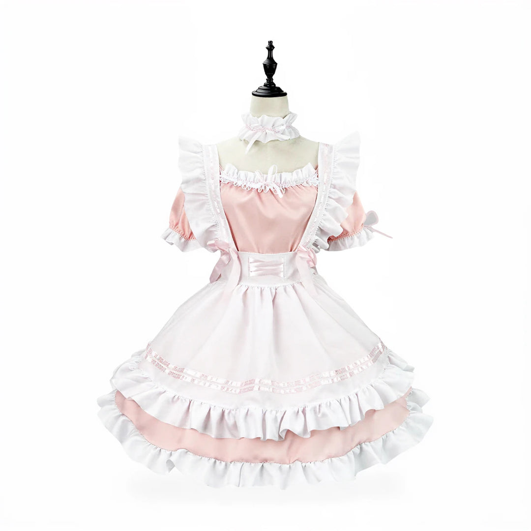 Pink and white Japanese maid costume with ruffles and bow details.