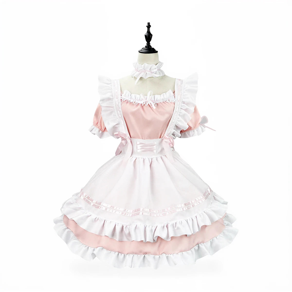 Pink and white Japanese maid costume with ruffles and bow details.